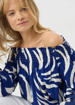 Navy Abstract Shirred Bardot Top
