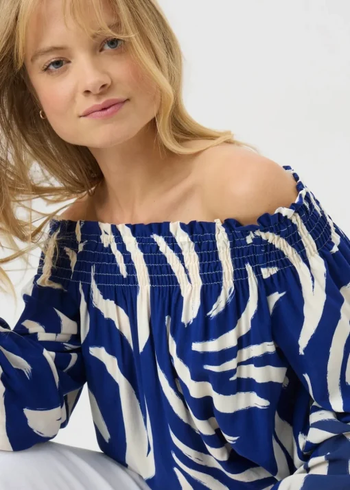 Navy Abstract Shirred Bardot Top