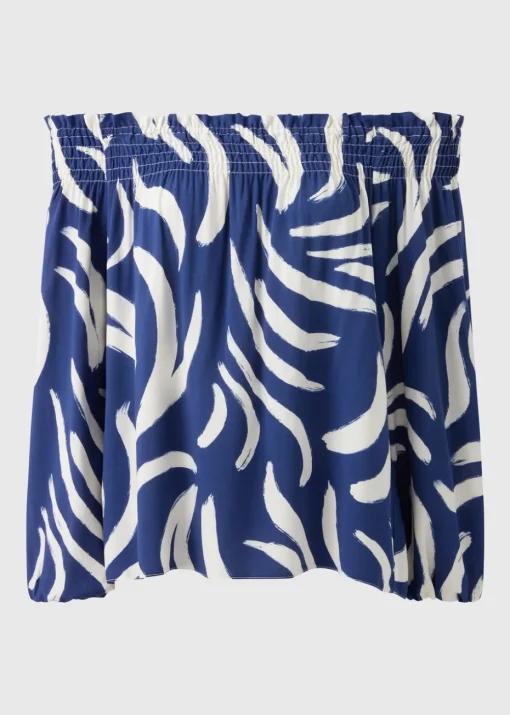 Navy Abstract Shirred Bardot Top