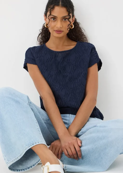 Navy Wavy Textured Crew Neck T-Shirt