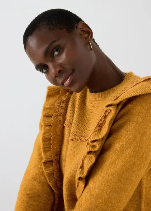 Orange Pointelle Frill Knitted Jumper