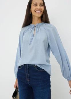 Pale Blue Boho Textured Tie Neck Blouse