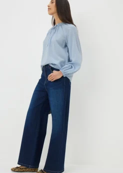 Pale Blue Boho Textured Tie Neck Blouse
