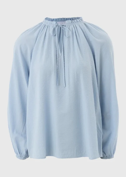 Pale Blue Boho Textured Tie Neck Blouse