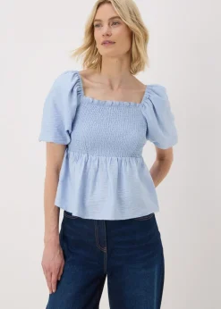Pale Blue Shirred Tie Back Blouse