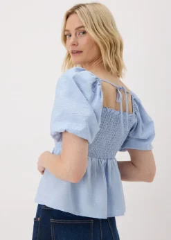 Pale Blue Shirred Tie Back Blouse