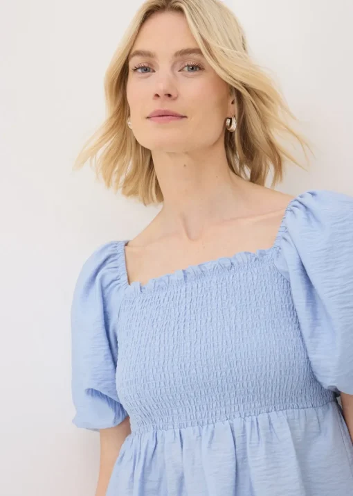 Pale Blue Shirred Tie Back Blouse