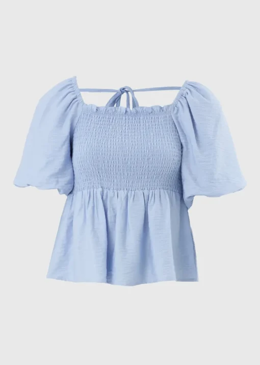 Pale Blue Shirred Tie Back Blouse