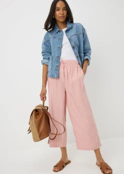 Pale Pink Linen Blend Stripe Wide Leg Cropped Trousers