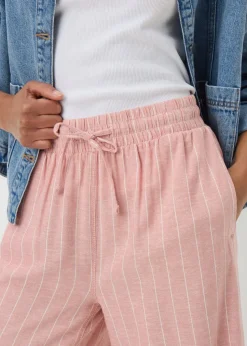 Pale Pink Linen Blend Stripe Wide Leg Cropped Trousers