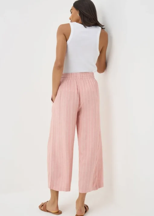 Pale Pink Linen Blend Stripe Wide Leg Cropped Trousers