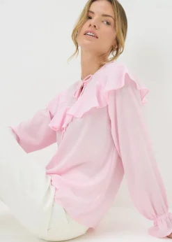 Pale Pink Ruffle Tie Neck Blouse