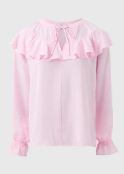 Pale Pink Ruffle Tie Neck Blouse