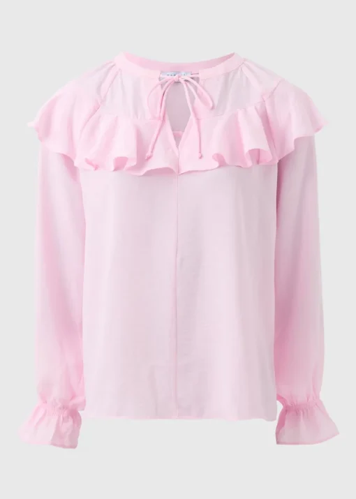 Pale Pink Ruffle Tie Neck Blouse