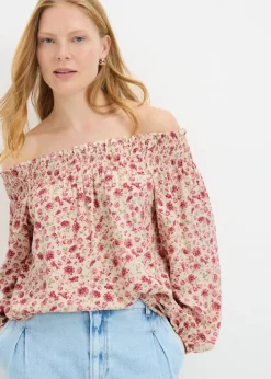 Pink Floral Shirred Bardot Top