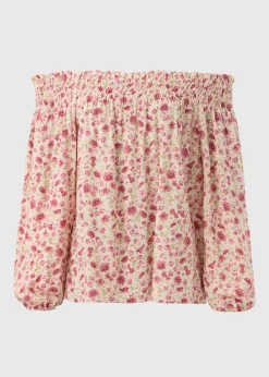 Pink Floral Shirred Bardot Top