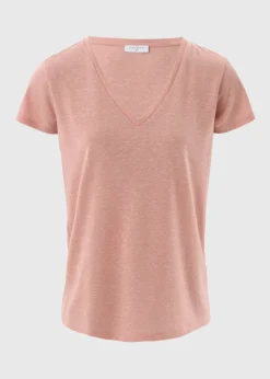 Pink Linen Blend V Neck T-Shirt