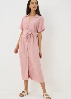 Pink Stripe Linen Blend Midi Shirt Dress