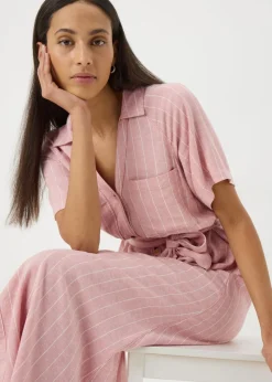 Pink Stripe Linen Blend Midi Shirt Dress