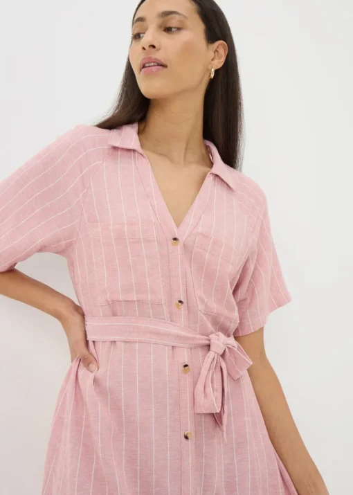 Pink Stripe Linen Blend Midi Shirt Dress