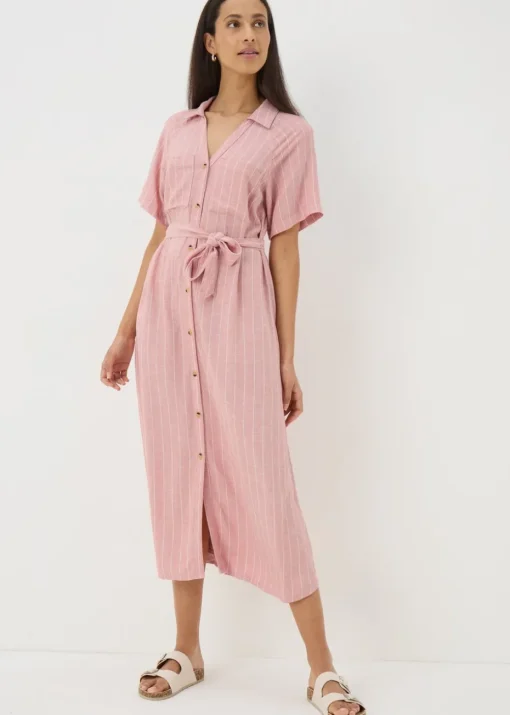 Pink Stripe Linen Blend Midi Shirt Dress