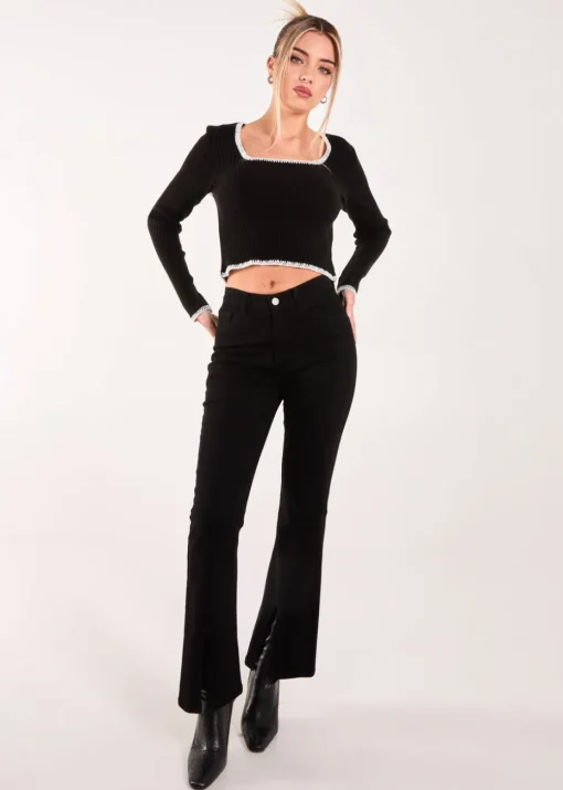 Pink Vanilla Black Contrast Stitch Long Sleeve Knit Top
