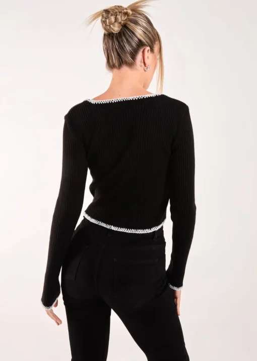 Pink Vanilla Black Contrast Stitch Long Sleeve Knit Top