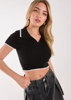 Pink Vanilla Black Knit Collared Contrast Top