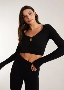 Pink Vanilla Black Rib Long Sleeve Button Down Top