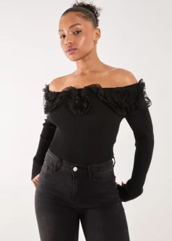 Pink Vanilla Black Ruffle Bardot Knit Top
