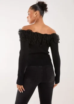 Pink Vanilla Black Ruffle Bardot Knit Top