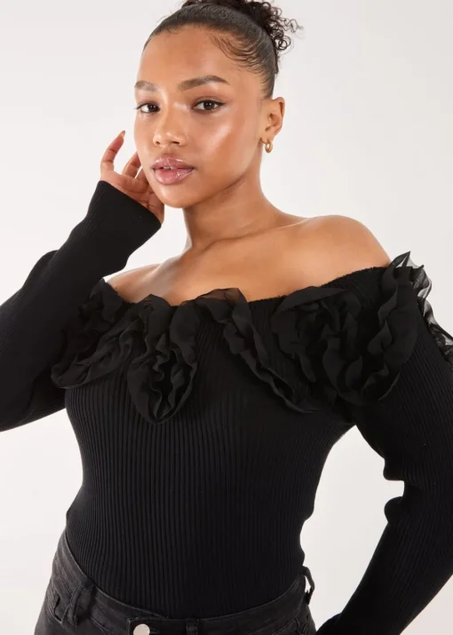 Pink Vanilla Black Ruffle Bardot Knit Top