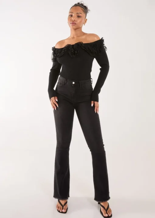 Pink Vanilla Black Ruffle Bardot Knit Top