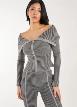 Pink Vanilla Black Washed Rib Fold-Over Cardigan
