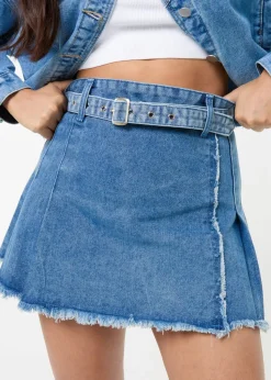 Pink Vanilla Blue Belt Denim Pleated Mini Skirt