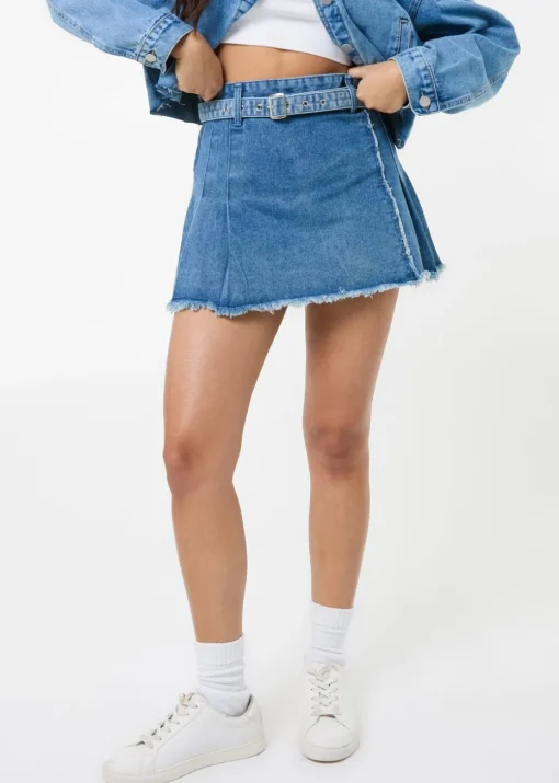 Pink Vanilla Blue Belt Denim Pleated Mini Skirt