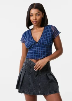 Pink Vanilla Blue Check Cap Sleeve Crop Top