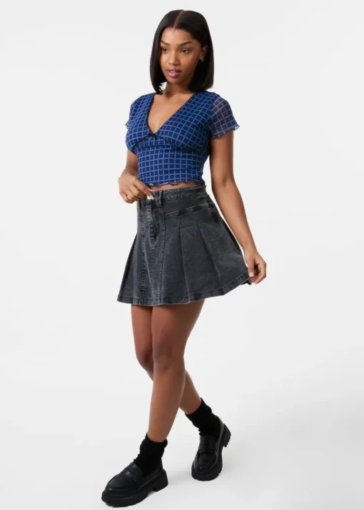 Pink Vanilla Blue Check Cap Sleeve Crop Top