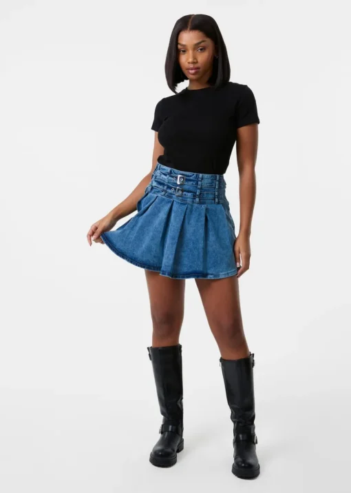 Pink Vanilla Blue Denim Double Belt Pleat Mini Skirt