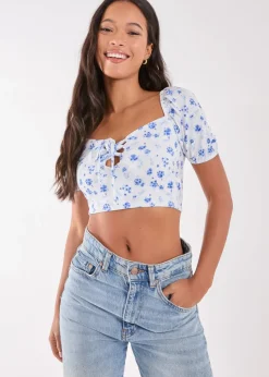 Pink Vanilla Blue Floral Puff Sleeve Crop Top