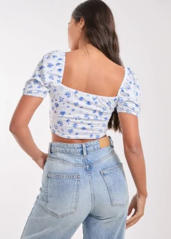 Pink Vanilla Blue Floral Puff Sleeve Crop Top