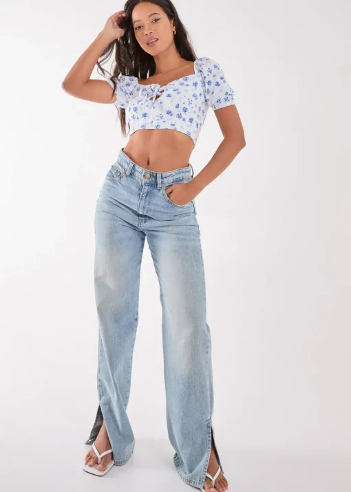 Pink Vanilla Blue Floral Puff Sleeve Crop Top
