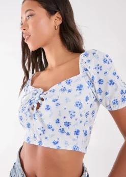 Pink Vanilla Blue Floral Puff Sleeve Crop Top