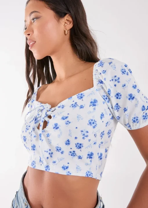 Pink Vanilla Blue Floral Puff Sleeve Crop Top