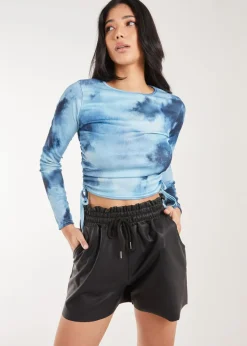 Pink Vanilla Blue Tie Dye Print Long Sleeve Rib Top