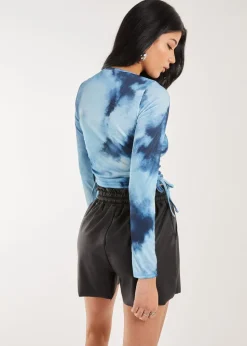 Pink Vanilla Blue Tie Dye Print Long Sleeve Rib Top