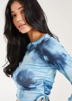 Pink Vanilla Blue Tie Dye Print Long Sleeve Rib Top