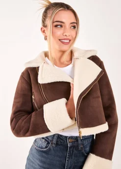Pink Vanilla Brown Faux Shearling Collar Cropped Jacket