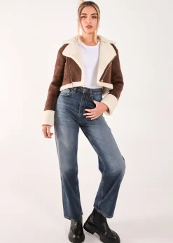 Pink Vanilla Brown Faux Shearling Collar Cropped Jacket