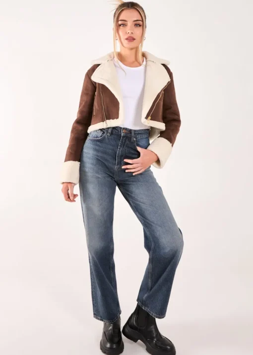 Pink Vanilla Brown Faux Shearling Collar Cropped Jacket